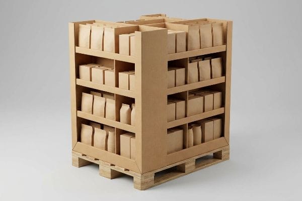 A corrugated cardboard merchandising unit, pre-loaded with brown paper bags and boxes, sits on a wooden pallet for bulk promotions.