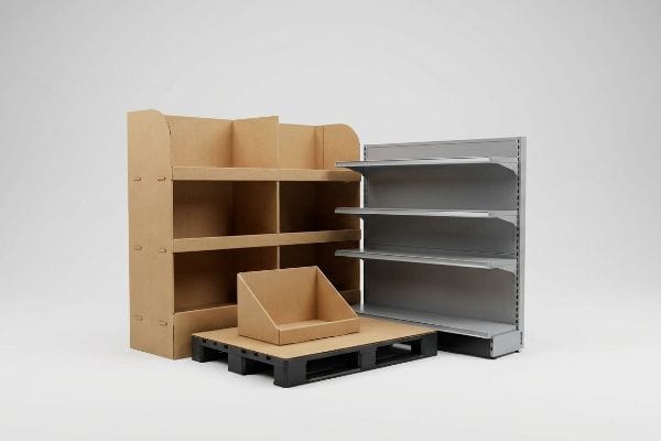 Retail Point-of-Sale Displays Displaying various point-of-sale units, including a natural brown corrugated cardboard floor display, a grey metal shelving unit, and a countertop tray on a black plastic pallet.