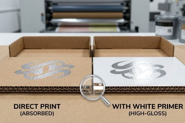 Two corrugated cardboard samples compare metallic silver logo printing: Direct Print (Absorbed) on kraft vs. With White Primer (High-Gloss) for vibrant finish.