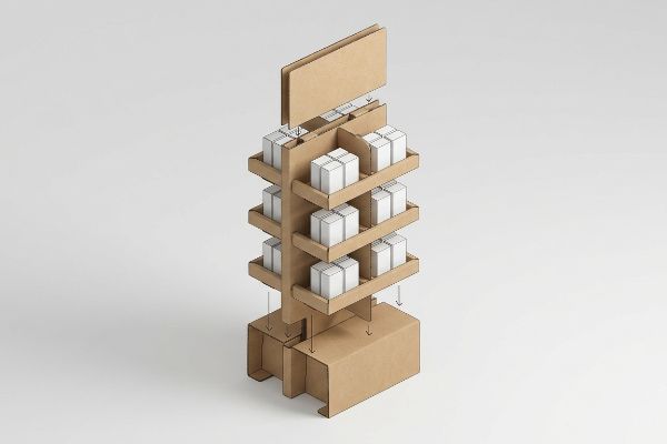 A brown corrugated cardboard retail display stand with multiple shelves for products, topped by a blank header sign.