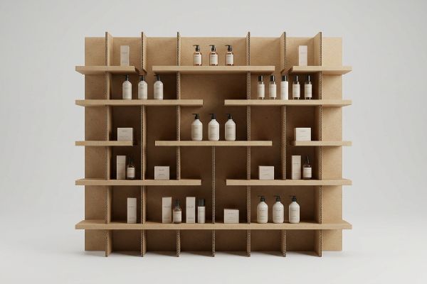 Modular corrugated cardboard display with personal care product bottles and boxes, demonstrating retail merchandising.