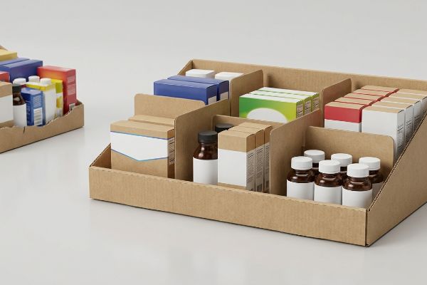 Corrugated cardboard display trays featuring modular dividers for retail-ready product arrangement, holding assorted boxes and amber bottles.