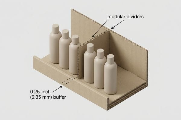 Corrugated cardboard display with modular dividers, showcasing six beige bottles and a 0.25-inch (6.35 mm) buffer.