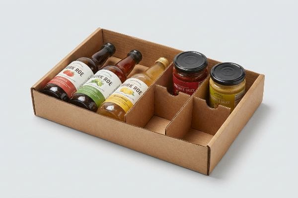 モジュラー式仕切り付き商品ディスプレイ 段ボール箱に型抜きされたモジュール式の仕切りがあり、ウルク・ローのボトル3本と、トマティージョソースとセンフ・サラットの瓶がそれぞれ2つずつ入っています。.