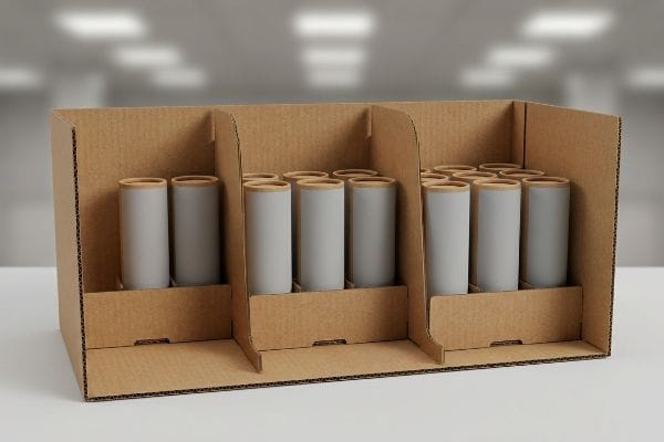Corrugated cardboard display with modular SKU dividers holding cylindrical products in odd-numbered clusters for retail merchandising.