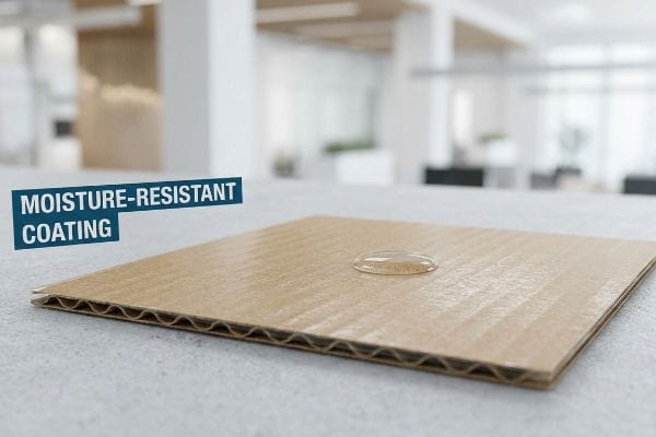 A clear water droplet beads on corrugated cardboard, highlighting its Moisture-Resistant Coating for outdoor display use.