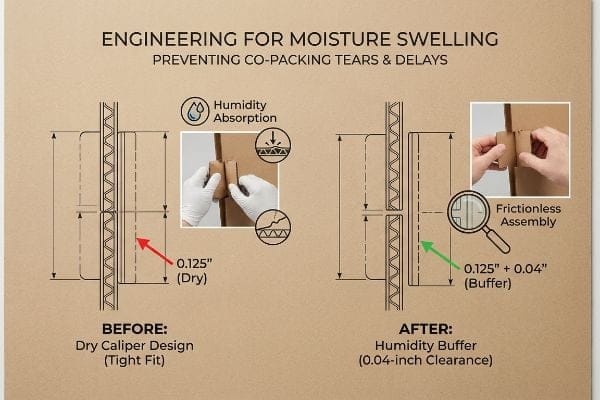 Corrugated cardboard moisture swelling diagram, comparing 0.125" dry caliper design to 0.04-inch humidity buffer for frictionless assembly.