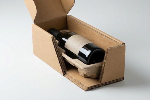 An open corrugated cardboard box securely holds a dark wine bottle within a molded pulp insert, ideal for sustainable shipping.