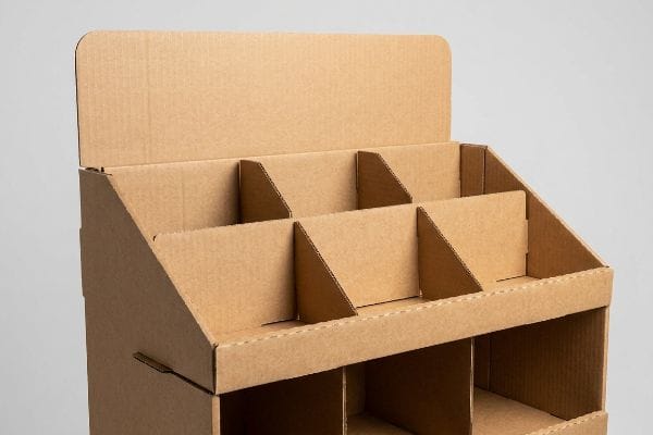 An empty brown corrugated cardboard POP display stand with multiple angled compartments for retail product visibility.