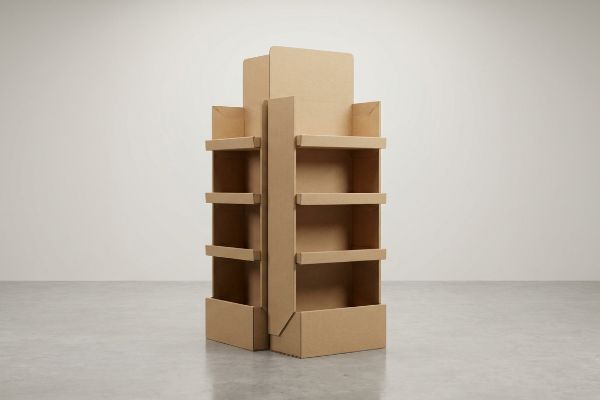 An empty, brown corrugated cardboard free standing display unit with multiple shelves, ideal for point of purchase merchandising.