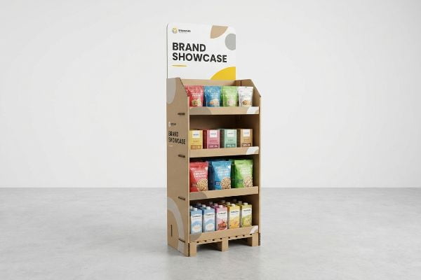 A freestanding corrugated cardboard retail merchandiser displays diverse packaged products on four shelves, labeled