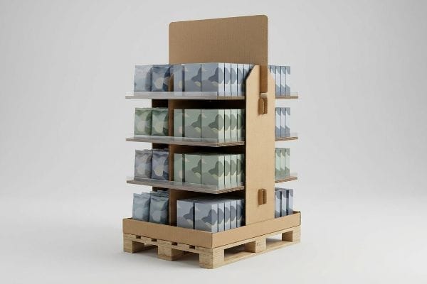 An impressive corrugated pallet display in a retail setting, featuring multiple shelves stocked with blue and green patterned product packages on a wooden pallet.