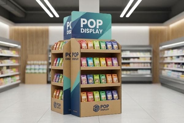 A retail store aisle features a multi-shelf corrugated cardboard Pop Display filled with colorful packaged products, designed for impulse purchases.