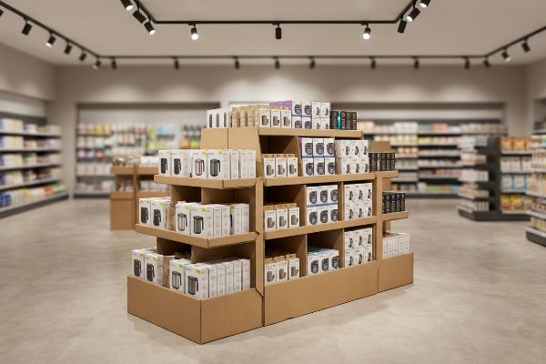 A retail store aisle features a multi-tiered corrugated point-of-purchase display, filled with white boxes showcasing small kitchen appliances, under bright track lighting.