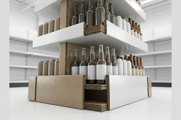 A multi-tiered corrugated cardboard beverage display unit with white shelves and brown bases, stocked with bottles and cans in a retail environment.