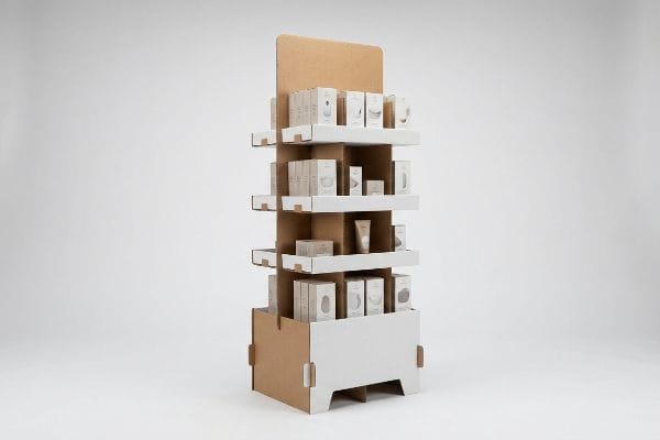 This multi-tiered corrugated cardboard POP display showcases numerous small, light-colored product boxes on white shelves, designed for retail purchase pull.