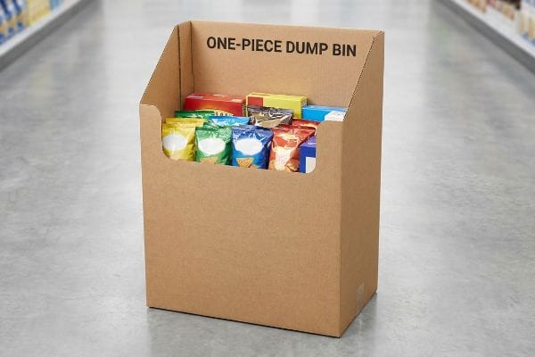 A retail store aisle features a brown corrugated One-Piece Dump Bin filled with colorful snack bags and boxes.