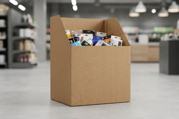 Corrugated dump bin display, filled with small retail products in clear packaging, on a store floor.
