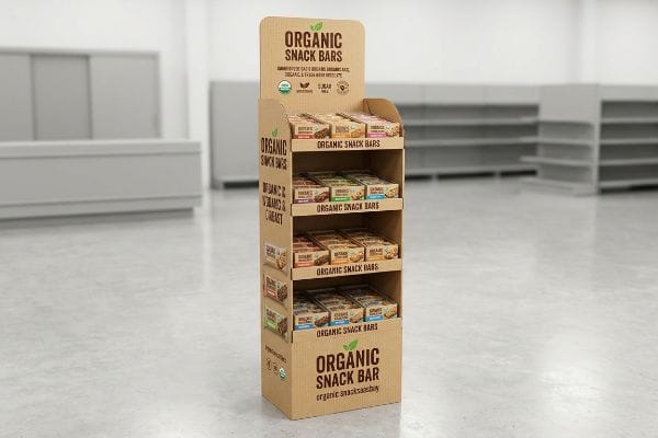 Retail FSDU made of corrugated cardboard, displaying Organic Snack Bars with USDA Organic, Non-GMO, and Gluten-Free labels.