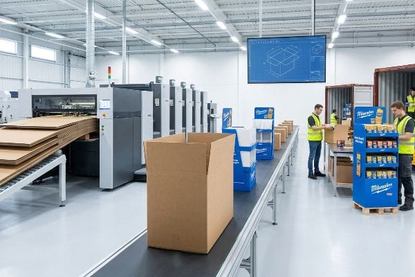 Corrugated flat boards enter a packaging machine, while workers assemble Milwaukee POS displays under a CAD blueprint.