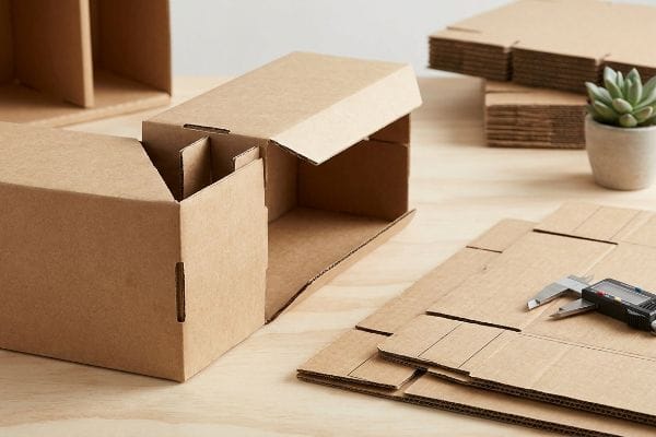 Corrugated cardboard packaging components, including assembled boxes with dividers and flat-packed sheets, are displayed with a digital caliper.