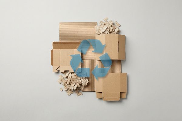Highlighting sustainable packaging, a blue recycling symbol overlays brown corrugated cardboard, flattened boxes, and shredded paper.