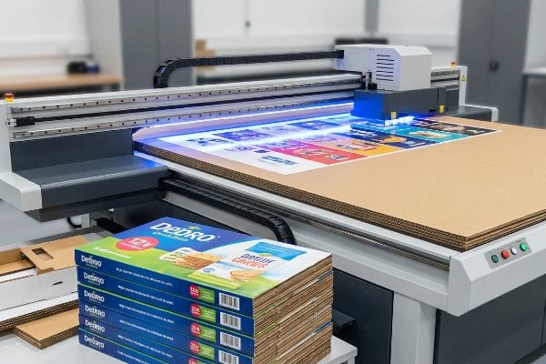 Corrugated cardboard sheets undergo UV flatbed printing for colorful packaging designs, next to a stack of Debro 12x biscuit boxes.