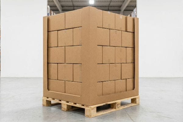 Boîtes d'affichage pour palettes en carton ondulé Vue d'entrepôt d'un grand présentoir de palettes en carton ondulé contenant de nombreuses boîtes en carton brun sur une palette en bois, prêtes à être expédiées.