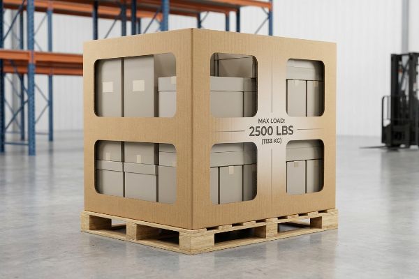 Brown corrugated cardboard pallet display with shop-through windows, showing Max Load: 2500 Lbs (1133 Kg) in a warehouse.