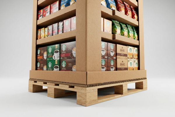 Corrugated cardboard pallet display filled with Starbucks coffee pods and Bravis coffee boxes, resting on a sturdy wooden transport base.