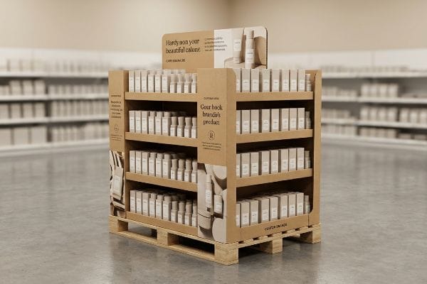 Cardboard pallet display unit, full of light product boxes, on a wooden pallet, branded 'Carry Brandings' and 'Canton Brands'.