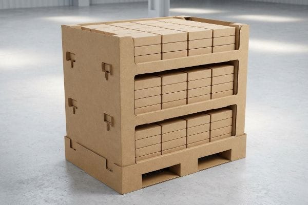 A corrugated cardboard pallet display, fully loaded with small brown shipping boxes, stands on a concrete warehouse floor.