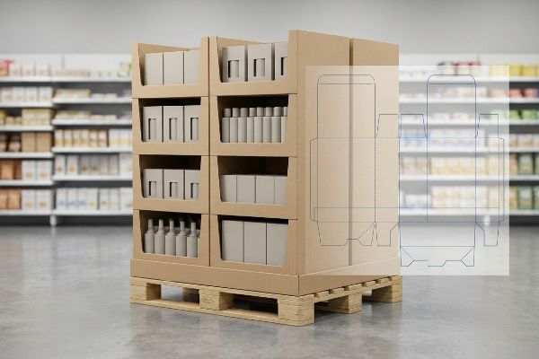 Corrugated full-pallet display with products on wooden pallet in retail, showing transparent packaging dieline.