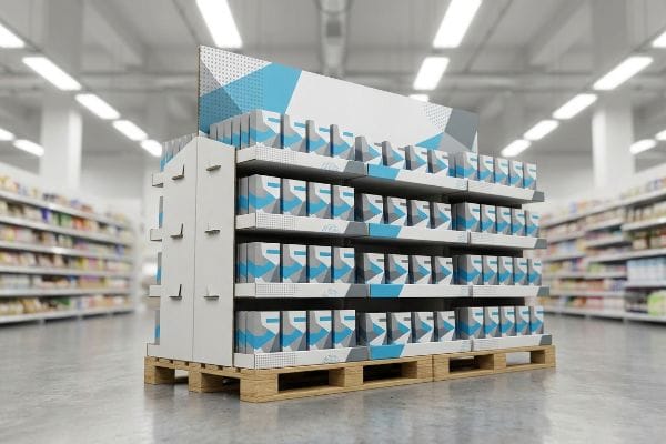 A retail-ready custom pallet display, a corrugated merchandiser, filled with blue and grey geometric product boxes on wooden pallets in a supermarket.