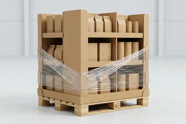 Corrugated kraft board pallet display on a wooden GMA pallet, secured with clear stretch film, filled with brown retail packages.