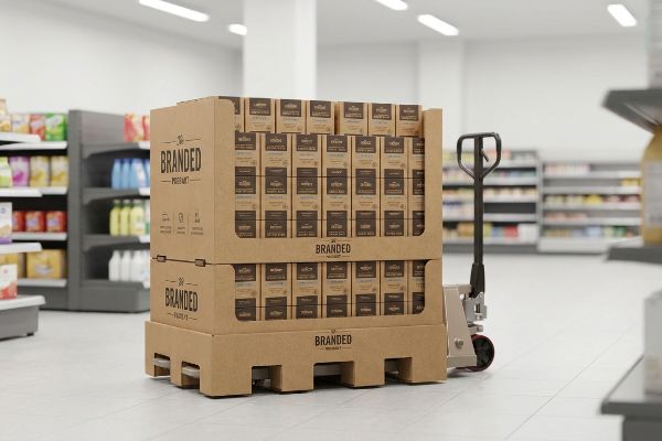 Corrugated cardboard two-tiered display for Branded Product, on a pallet jack in a retail aisle.