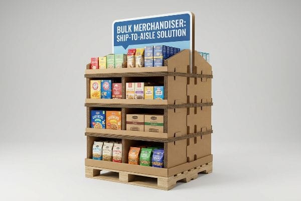 Corrugated cardboard pallet display showcasing a 