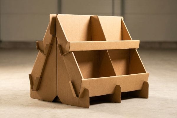 Présentoir palette en carton ondulé brun vide et non assemblé, destiné à la vente au détail.