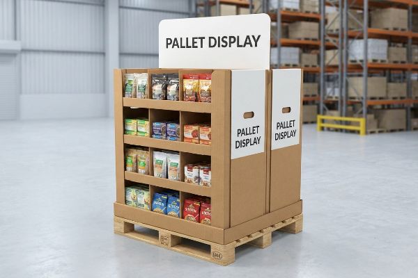 A brown corrugated pallet display, labeled 'Pallet Display', holds diverse packaged food products on a wooden pallet.