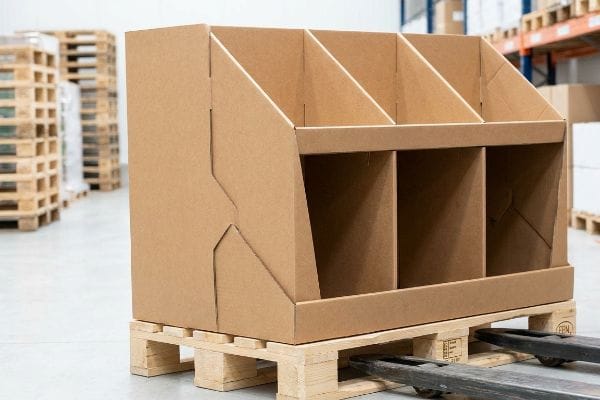 Cardboard Pallet Display Unit Brown corrugated cardboard display unit with multiple compartments on a wooden pallet in a warehouse setting.