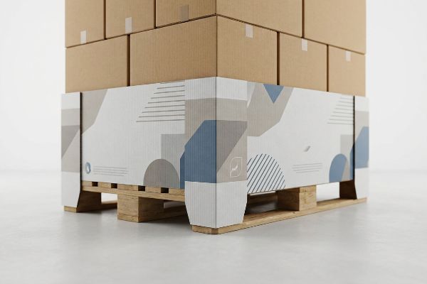 This retail display features a custom-printed corrugated pallet skirt with abstract geometric patterns, supporting stacked brown boxes.