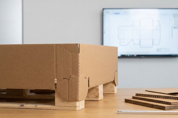 Corrugated cardboard pallet skirt with pre-folded corners and interlocking tabs, engineered for structural packaging on a wooden pallet.