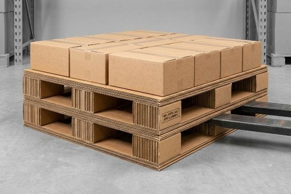 Corrugated paper pallets, stacked with brown boxes, feature '100% Recyclable Ispm Is Exempt' text, with forklift forks partially inserted.
