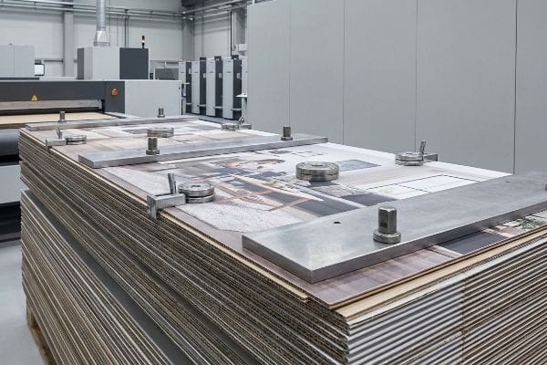 Stacked corrugated boards with interior design prints are held flat by heavy metal dead-weight pressure plates and clamps, preventing warp during litho-lamination in a factory.