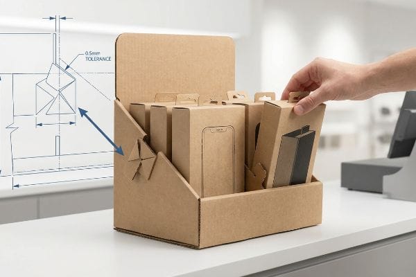 Corrugated countertop POS display with kraft boxes, showing a 0.5mm tolerance blueprint for the mono-material paper lock mechanism.