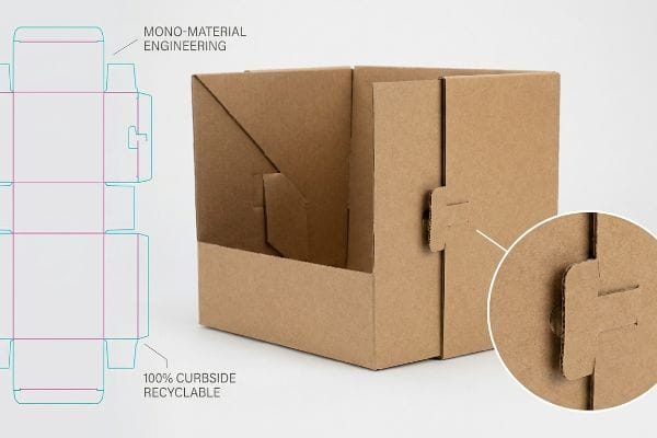 Brown corrugated cardboard display with die-cut blueprint, highlighting Mono-Material Engineering and 100% Curbside Recyclable features, including a paper lock.