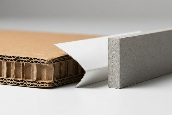 Cross-section comparison of brown corrugated fiberboard, white paperboard, and grey rigid chipboard.