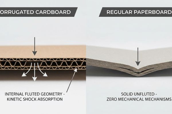 Corrugated Cardboard's Internal Fluted Geometry for Kinetic Shock Absorption versus Regular Paperboard's Solid Unfluted, Zero Mechanical Mechanisms.