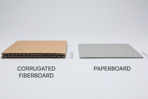 Side-by-side comparison of Corrugated Fiberboard with visible flutes and thinner Paperboard, showing thickness with ruler markings.