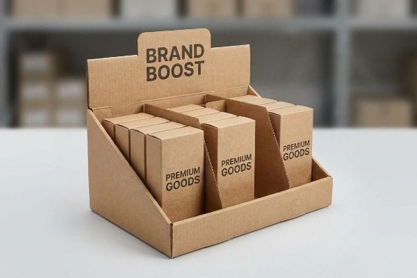 A sturdy corrugated cardboard PDQ display unit showcases small brown boxes labeled 'Premium Goods', with a 'Brand Boost' header, optimizing retail product visibility.